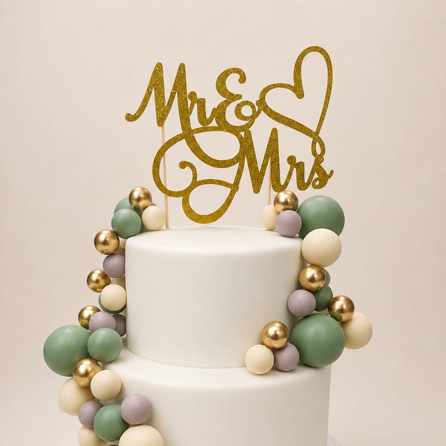 A two-tier white wedding cake with a sage and gold balloon cascade and a gold ‘Mr & Mrs’ topper