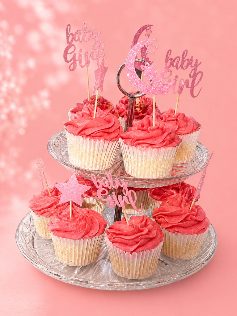 A beautiful two-tier stand filled with pink frosted cupcakes decorated with baby girl toppers